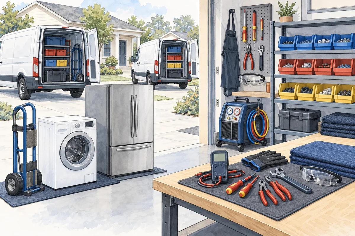 Ink-and-watercolor illustration of an organized mobile appliance-repair setup with two unbranded service vans, household washer and refrigerator silhouettes, diagnostic meter, appliance hand truck, parts bins and refrigerant recovery equipment, with no people or logos.