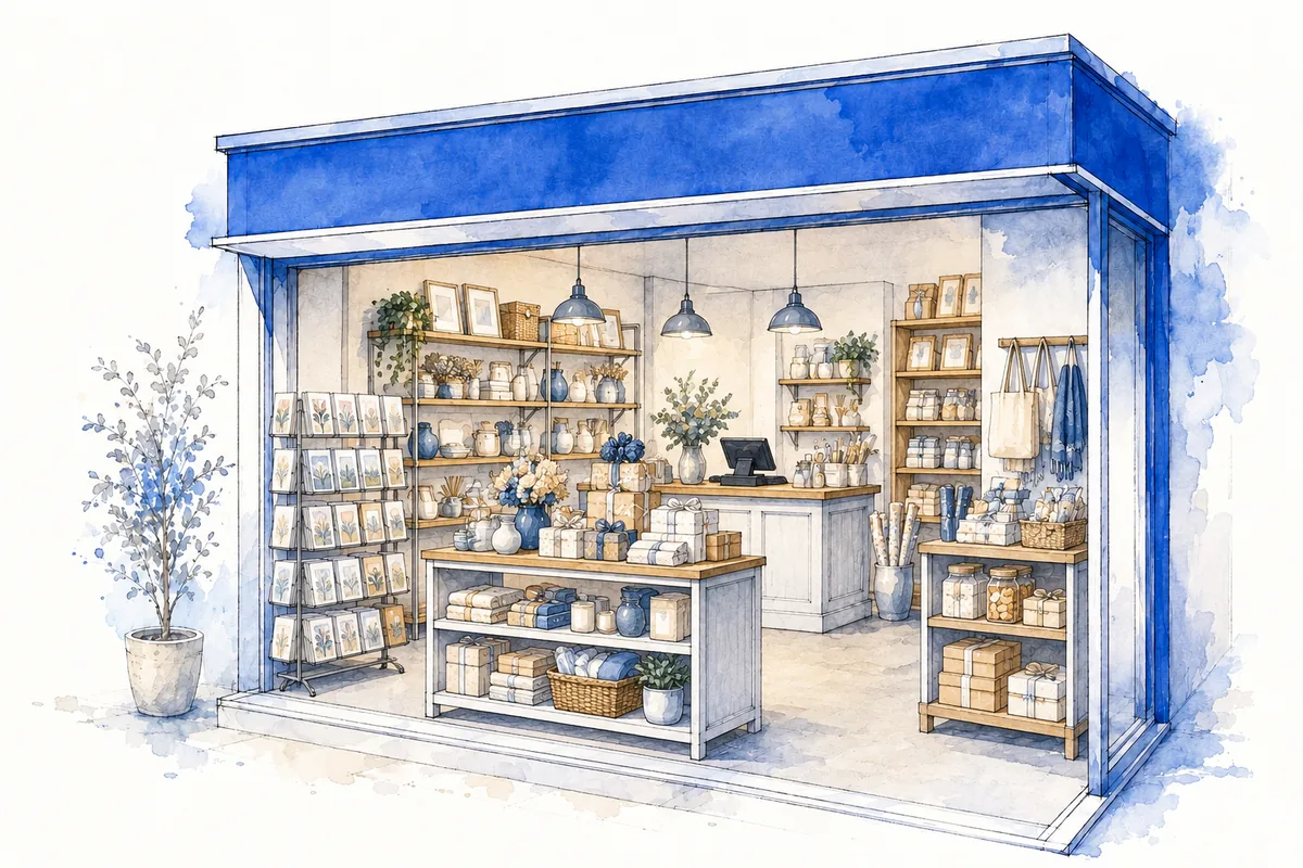 Ink-and-watercolor view of a gift boutique with stationery racks, decor, wrapped gifts and a checkout counter.