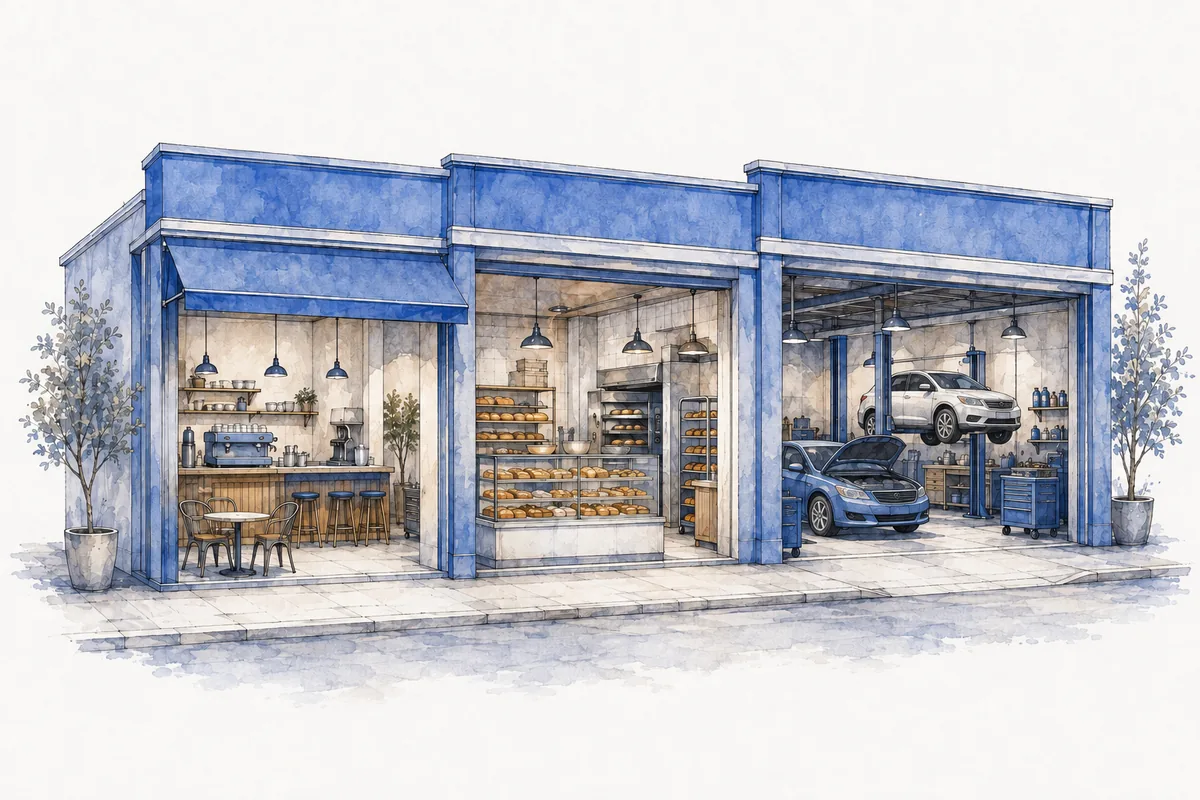 Illustration of a neighborhood coffee shop, bakery and auto repair workshop.