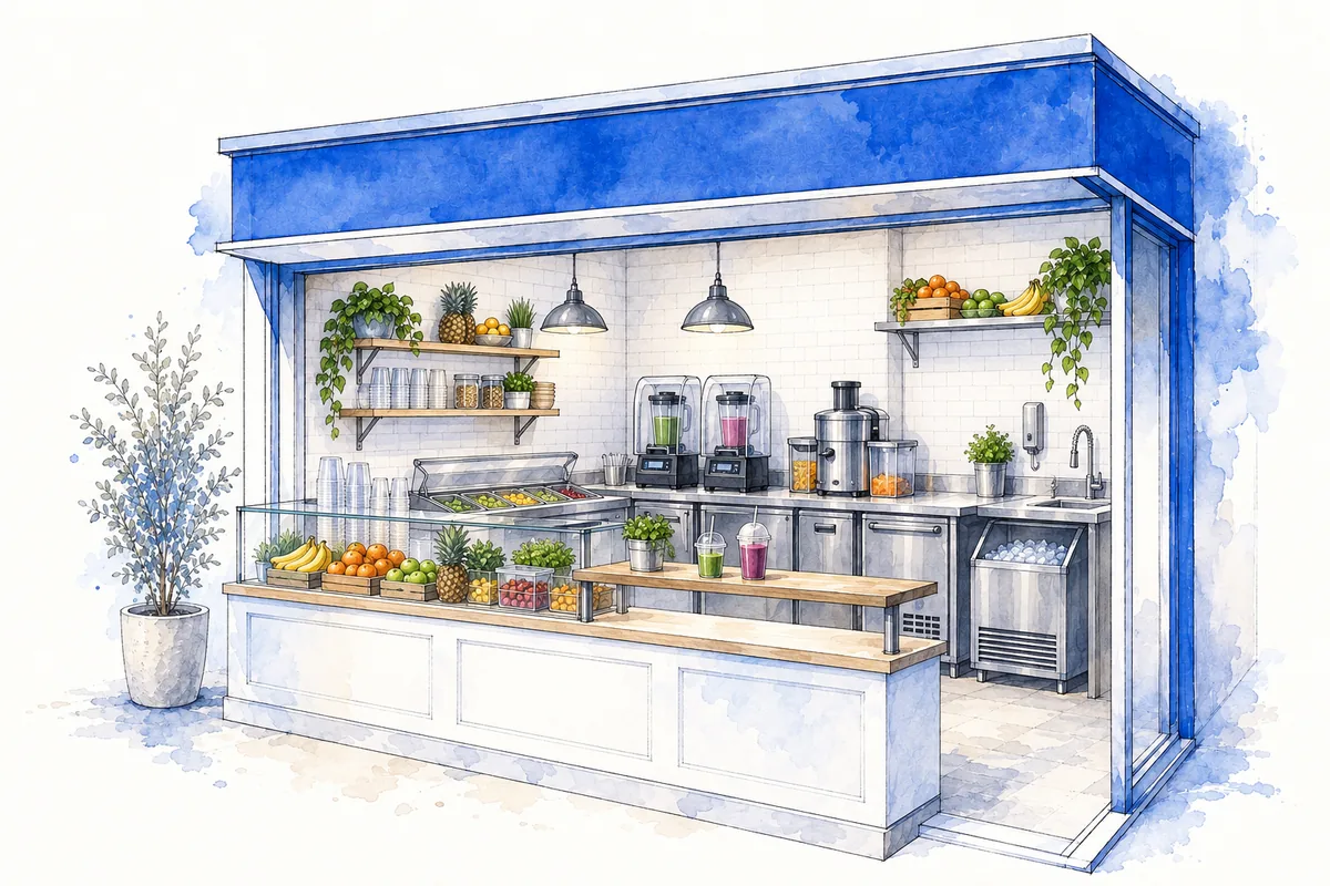 Ink-and-watercolor illustration of a juice and smoothie shop with commercial blenders, a produce juicer, refrigerated preparation and a pickup counter.