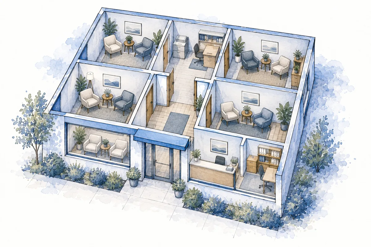 Ink-and-watercolor outpatient psychotherapy practice with four private consultation rooms and a discreet reception.