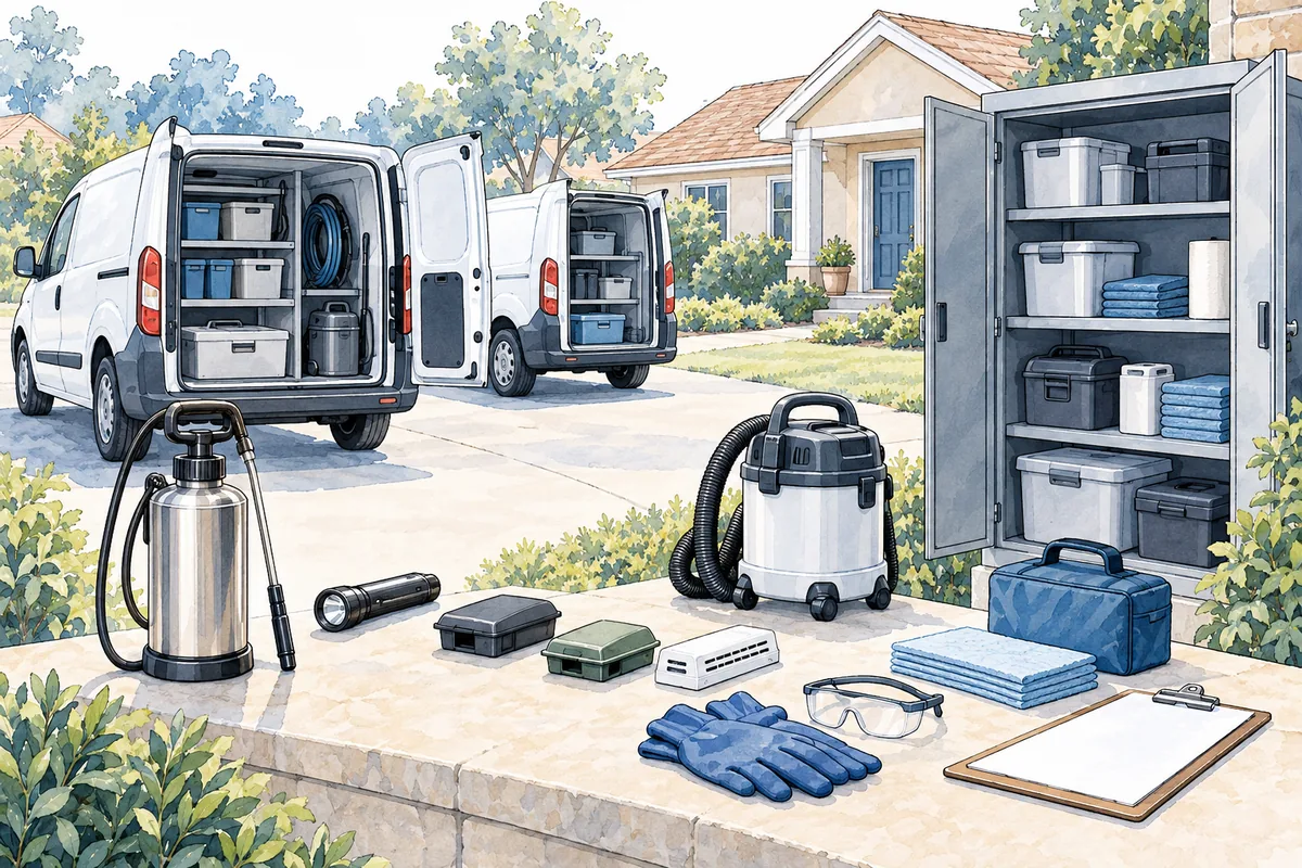 Ink-and-watercolor residential pest-control setup with two unbranded vans, secured application equipment, inspection tools, traps, protective gear and clean storage, with no people or logos.