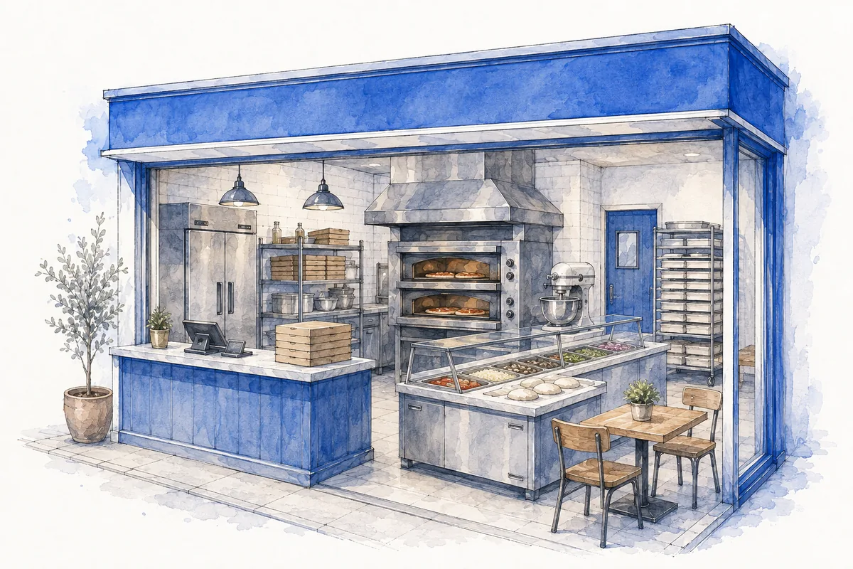 Ink-and-watercolor illustration of a neighborhood pizza shop with a pizza oven, preparation counter and pickup area.