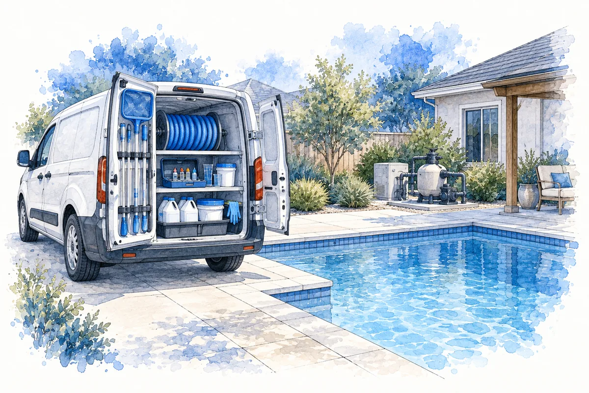 Ink-and-watercolor illustration of an unbranded pool-service van beside a residential pool with cleaning poles, test equipment and segregated chemical containers.