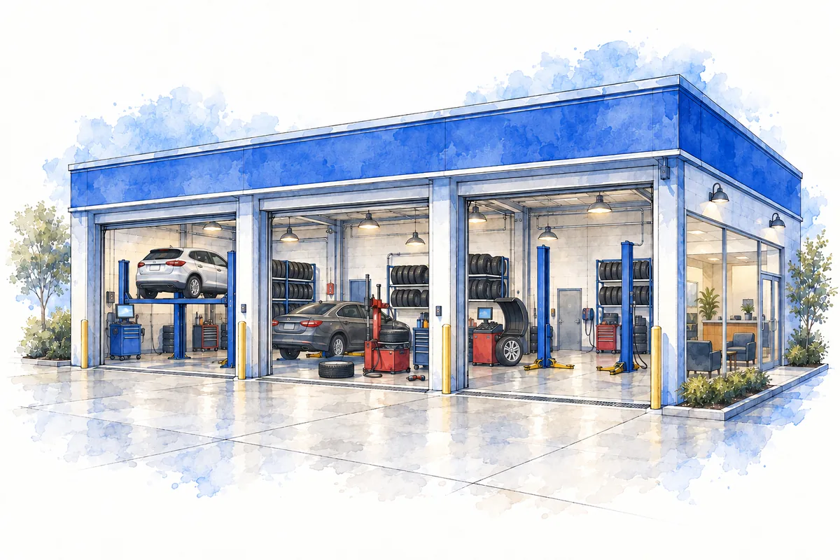 Ink-and-watercolor three-bay tire shop with two unbranded passenger vehicles, tire racks, lifts, tire-changing and wheel-balancing equipment and a customer counter, with no people or logos.
